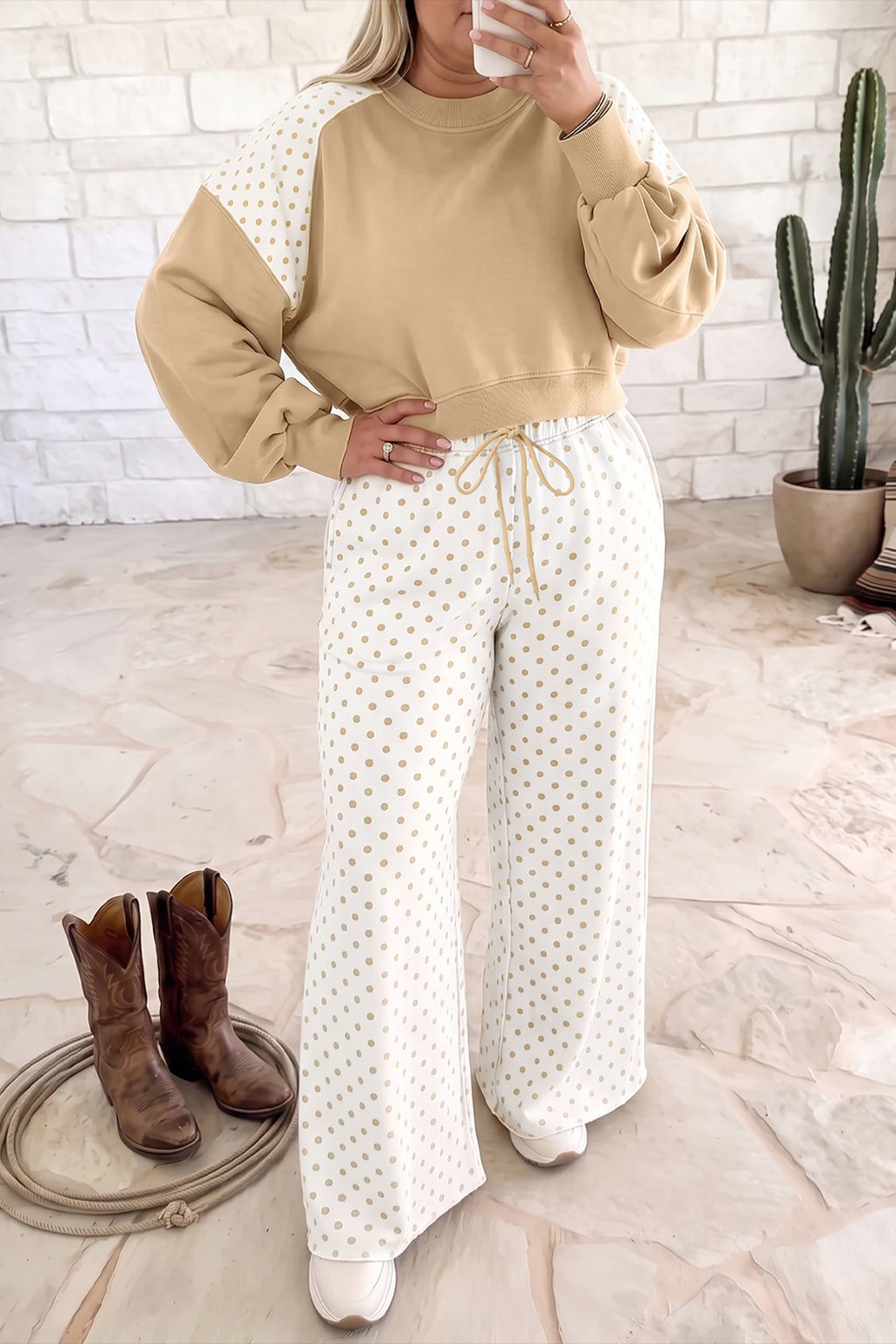Khaki Plus Size Color Block Contrast Polka Dot Long Sleeve Top Drawstring Pants Set