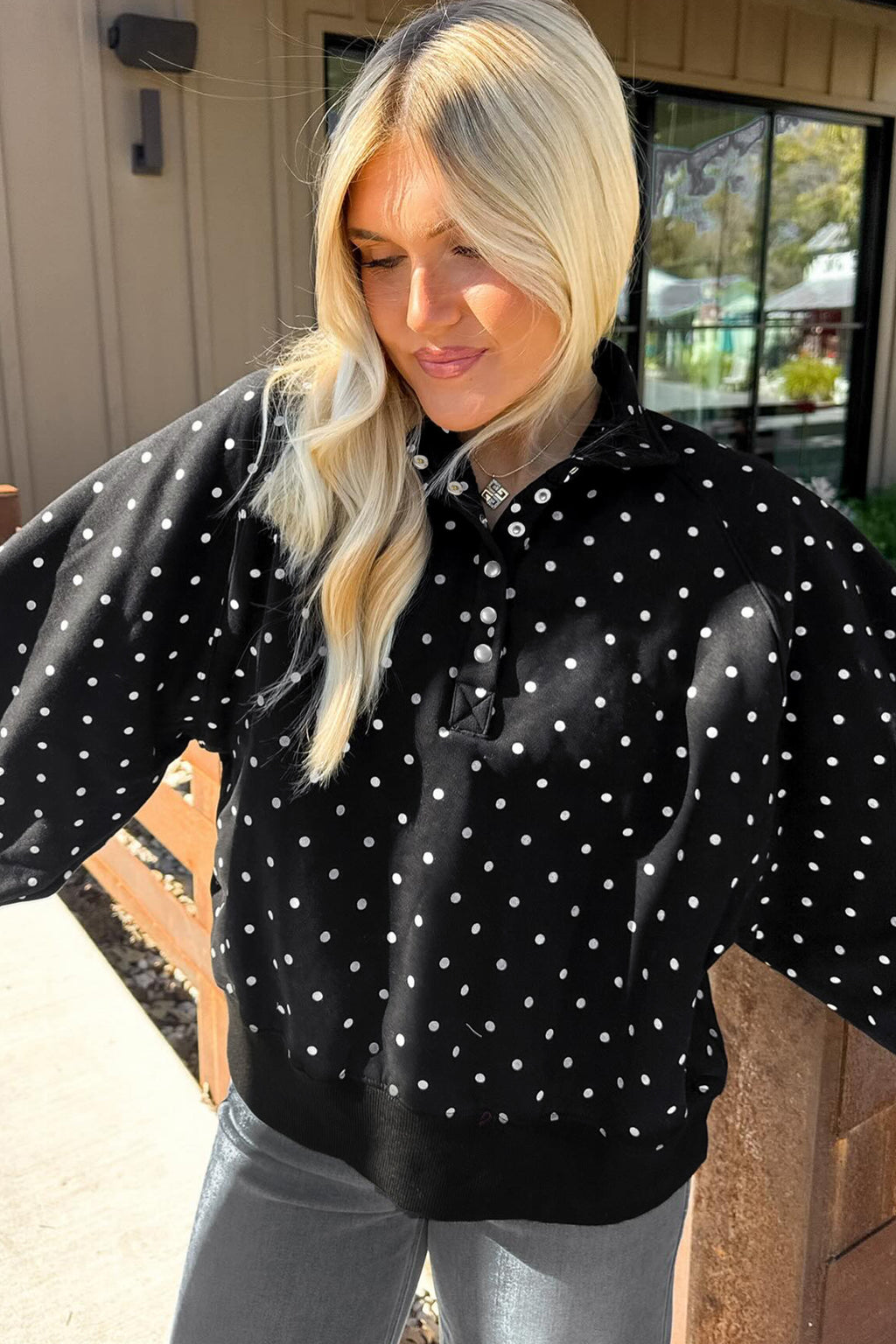 Blue Polka Dot Print Metal Button Collar Casual Pullover Sweatshirt