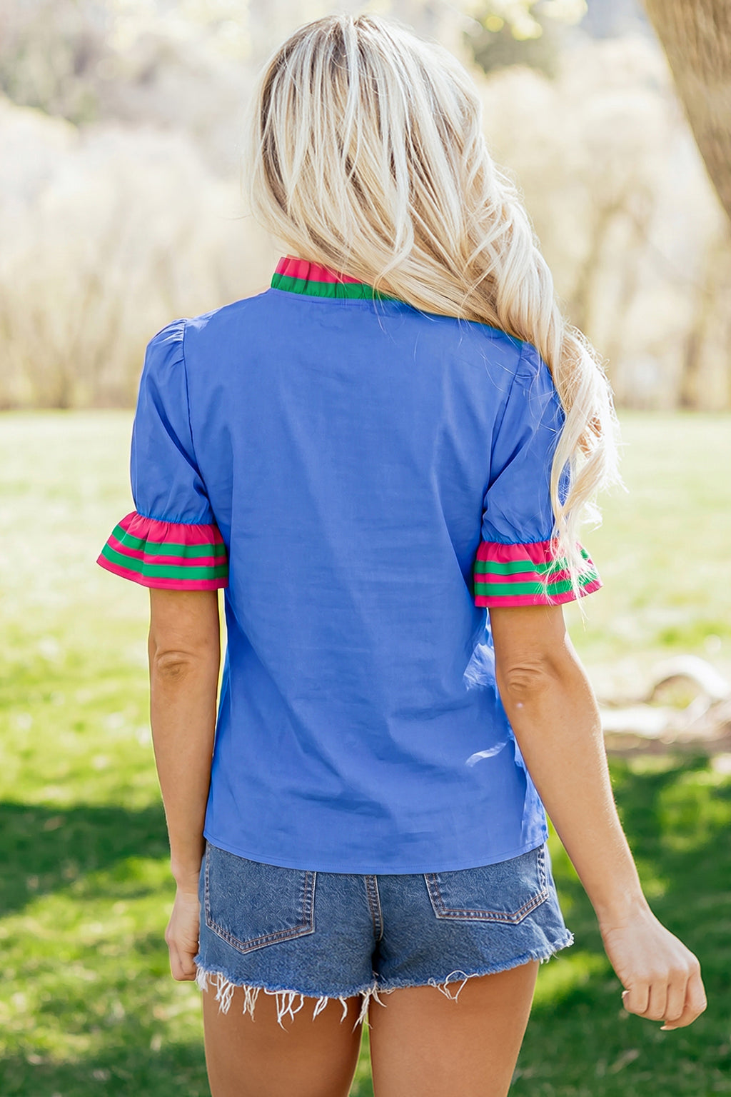 Fiery Red Striped Frilled Collar Ruffled Short Sleeve Blouse