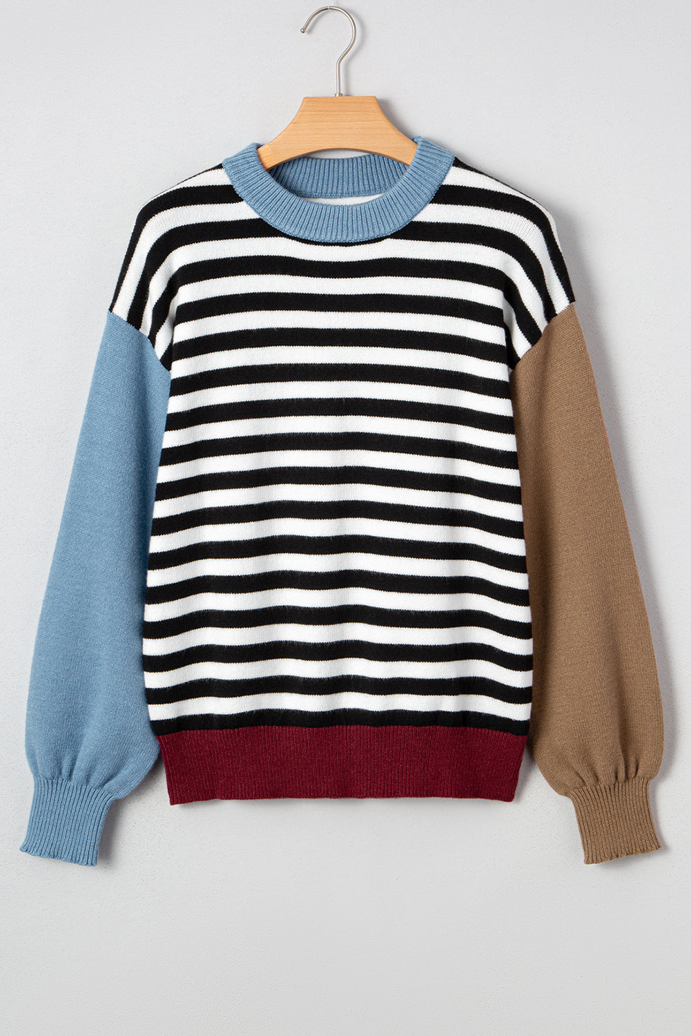 Gray Striped Panels Colorblock Sleeve Chic Sweater
