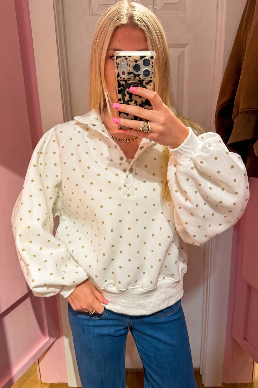 Blue Polka Dot Print Metal Button Collar Casual Pullover Sweatshirt