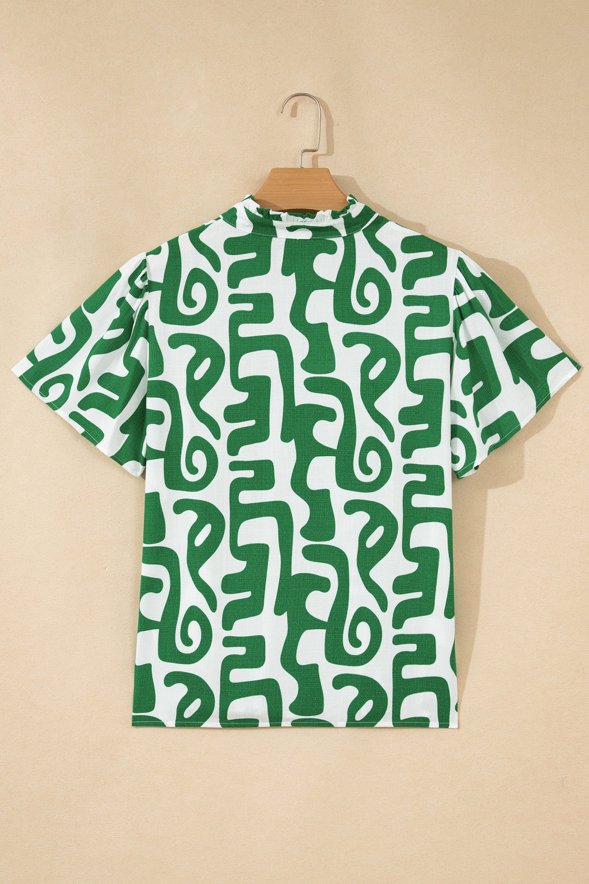Green Abstract Print Striped Trim V Neck Short Sleeve Blouse