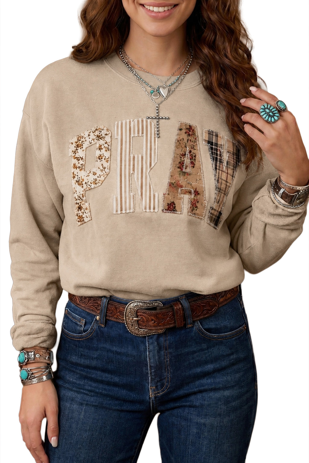 Gray Floral Buffalo Plaid Striped Embroidered Patch Western Pullover Sweatshirt