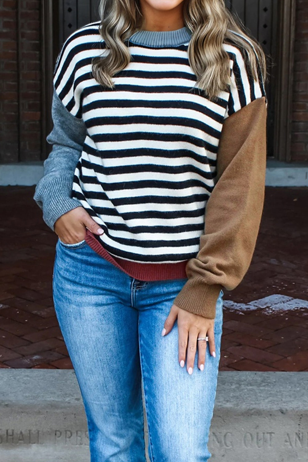 Gray Striped Panels Colorblock Sleeve Chic Sweater