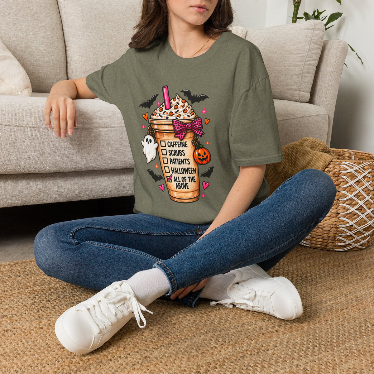 Halloween Nurse Coffee T-Shirt — "Caffeine, Scrubs, Patients" Fall Medical Tee