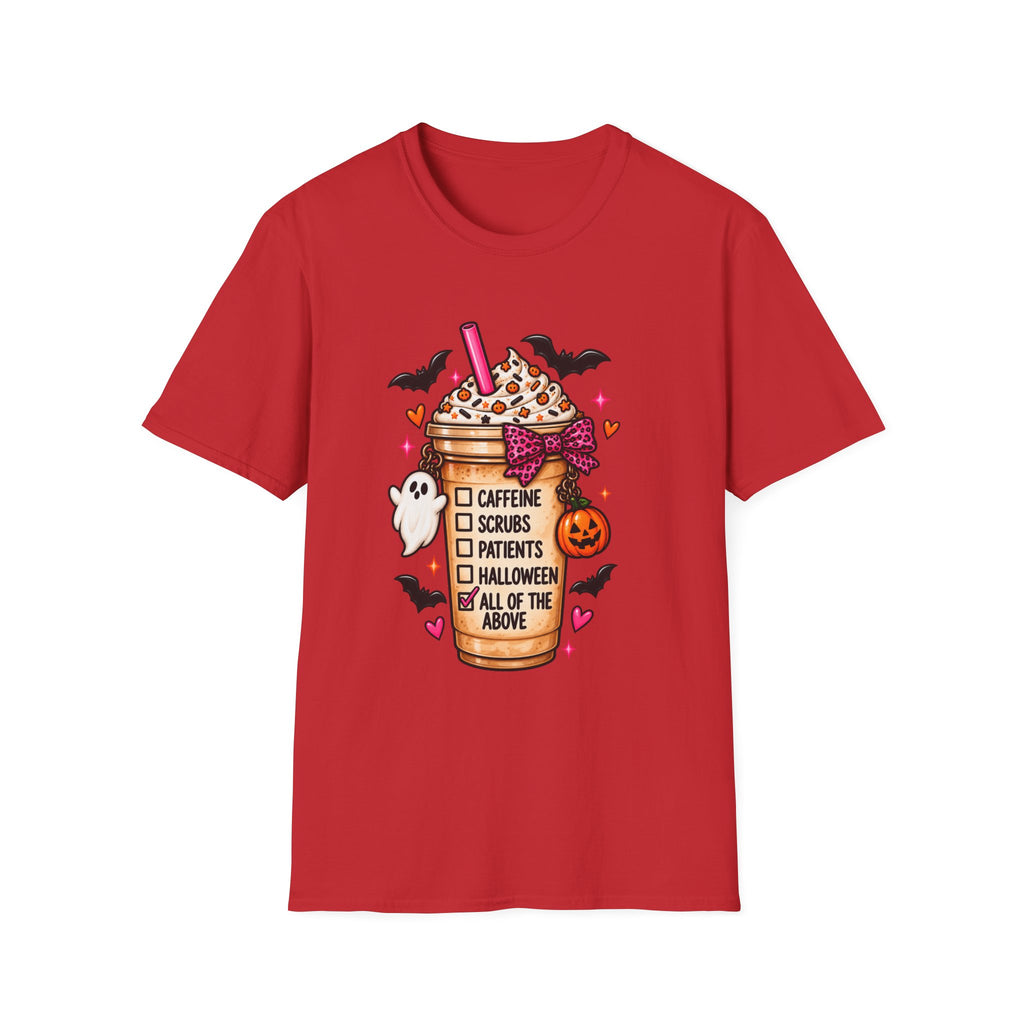 Halloween Nurse Coffee T-Shirt — "Caffeine, Scrubs, Patients" Fall Medical Tee