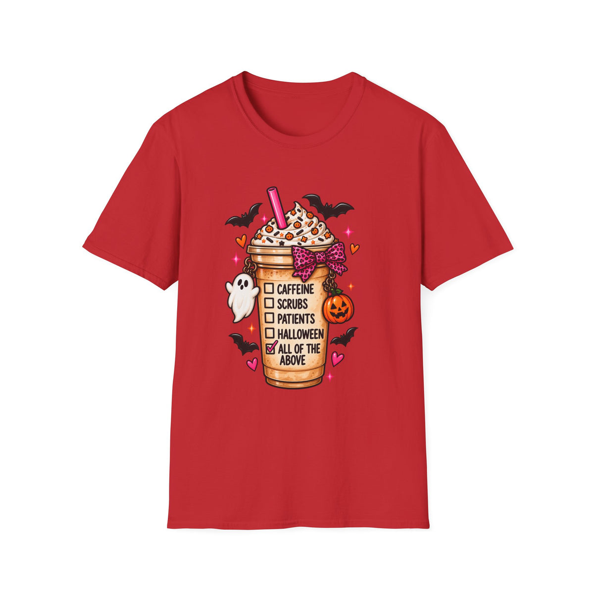 Halloween Nurse Coffee T-Shirt — "Caffeine, Scrubs, Patients" Fall Medical Tee