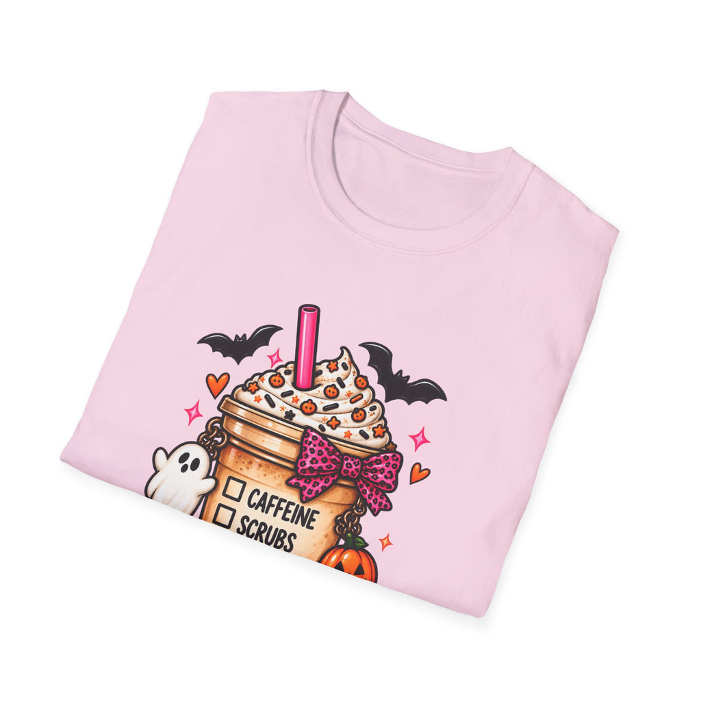 Halloween Nurse Coffee T-Shirt — "Caffeine, Scrubs, Patients" Fall Medical Tee