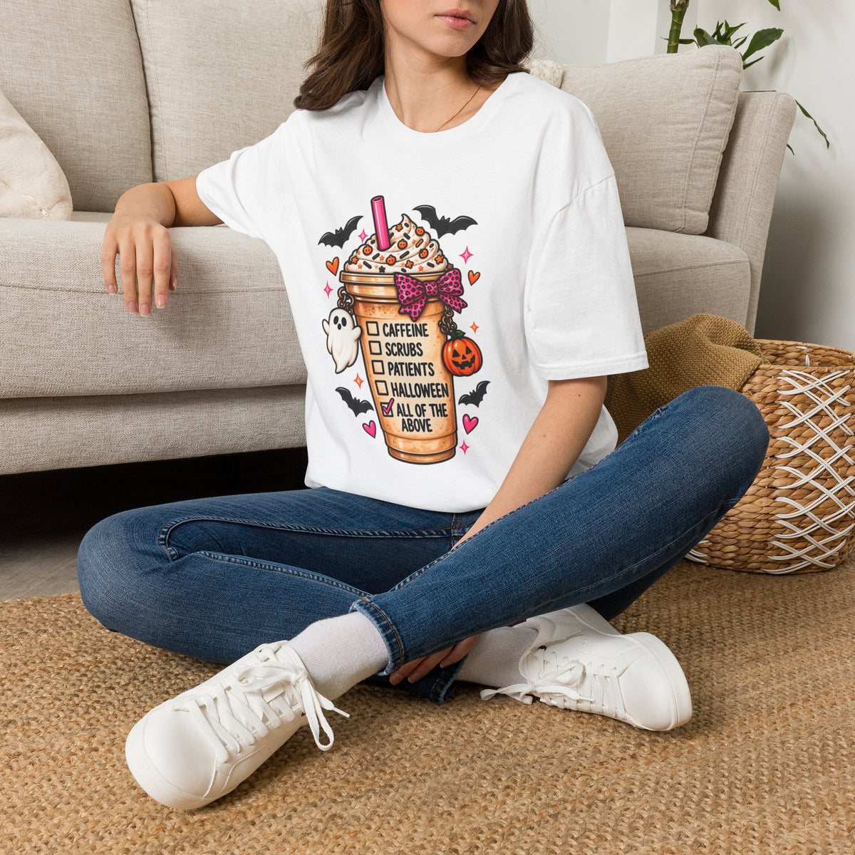 Halloween Nurse Coffee T-Shirt — "Caffeine, Scrubs, Patients" Fall Medical Tee