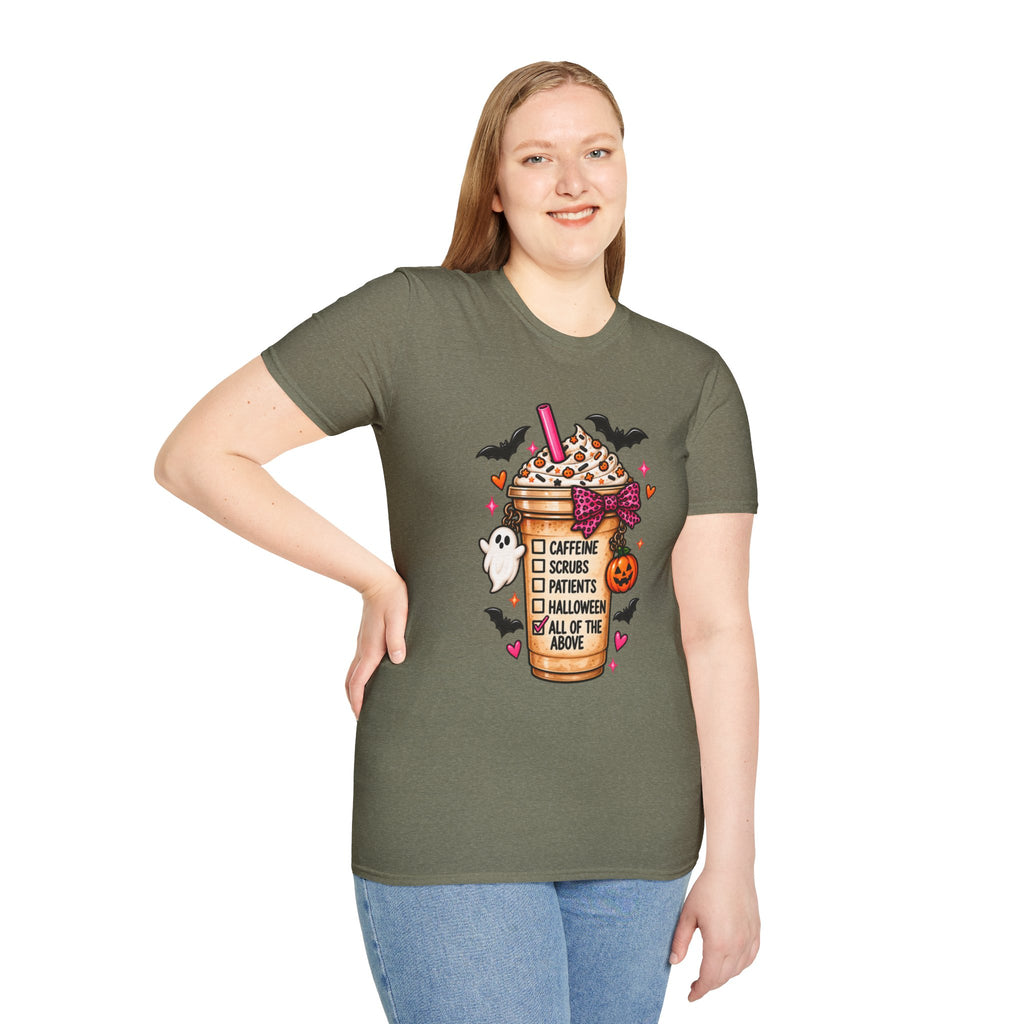 Halloween Nurse Coffee T-Shirt — "Caffeine, Scrubs, Patients" Fall Medical Tee
