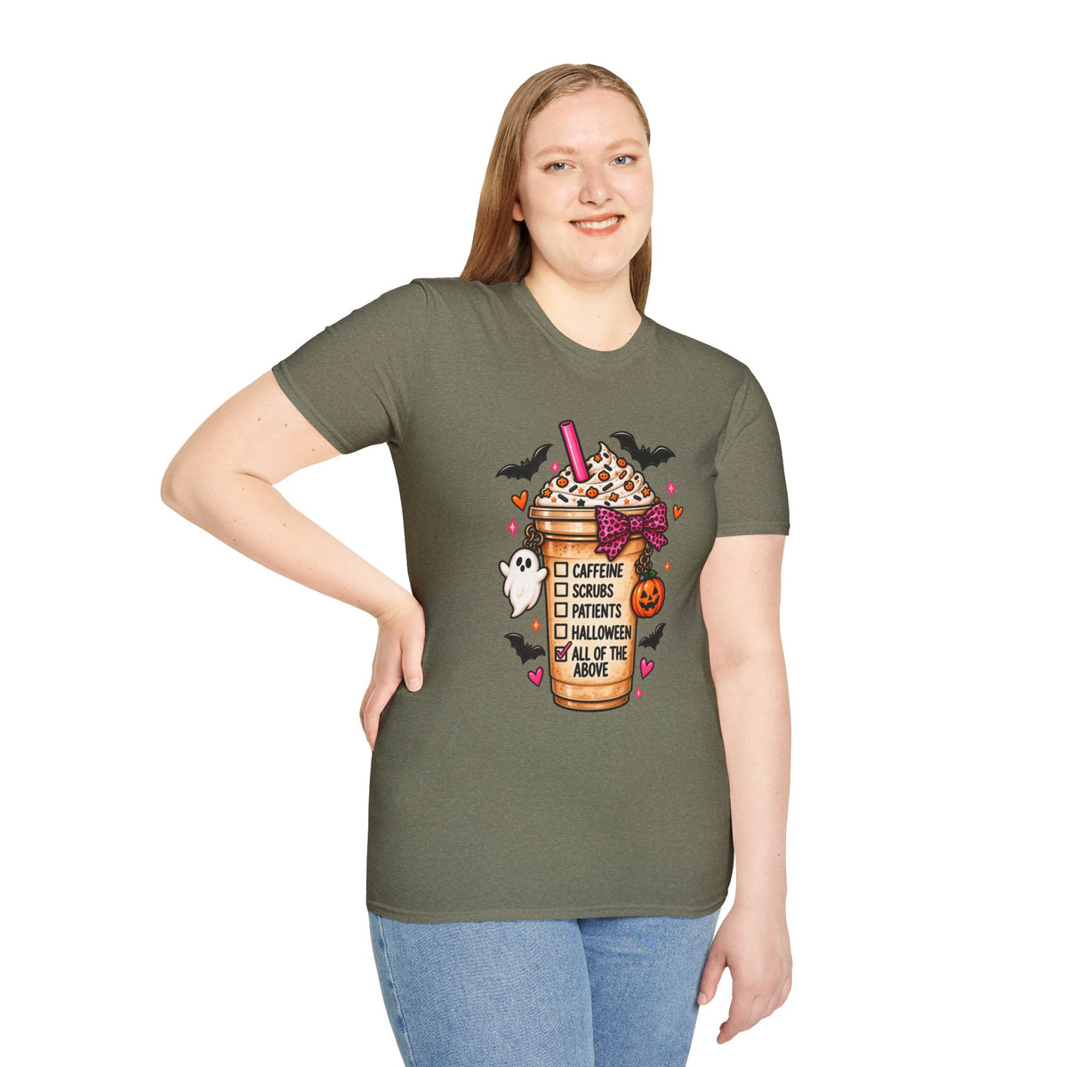 Halloween Nurse Coffee T-Shirt — "Caffeine, Scrubs, Patients" Fall Medical Tee