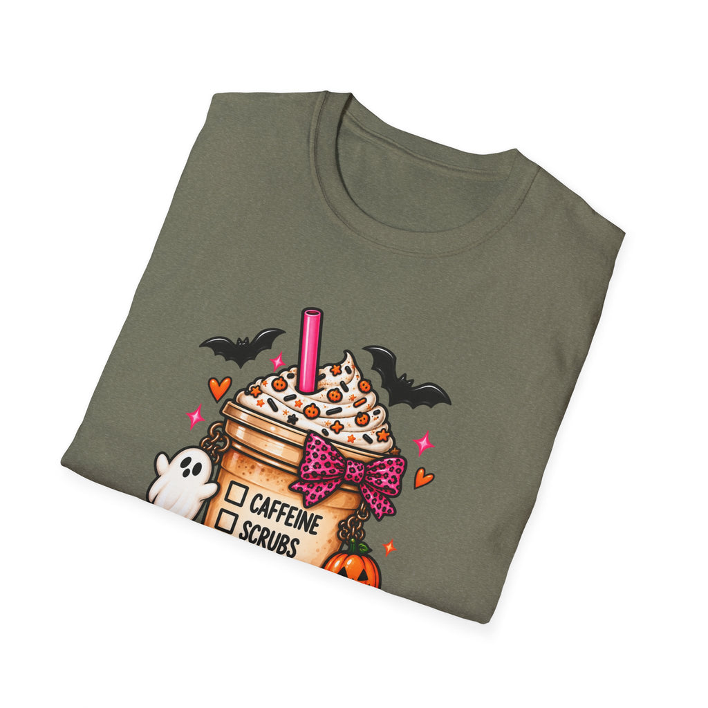 Halloween Nurse Coffee T-Shirt — "Caffeine, Scrubs, Patients" Fall Medical Tee
