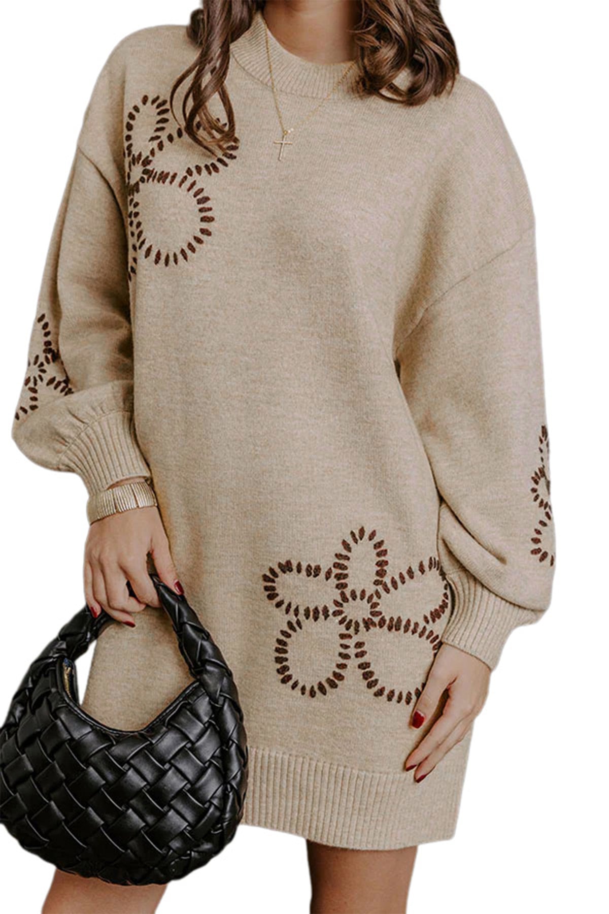 Parchment Floral Pattern Round Neck Puff Sleeve Shift Sweater Dress