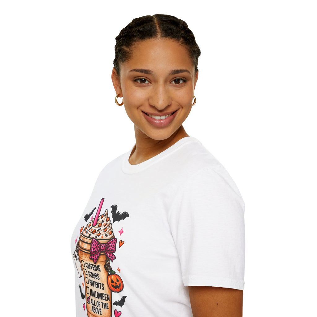 Halloween Nurse Coffee T-Shirt — "Caffeine, Scrubs, Patients" Fall Medical Tee