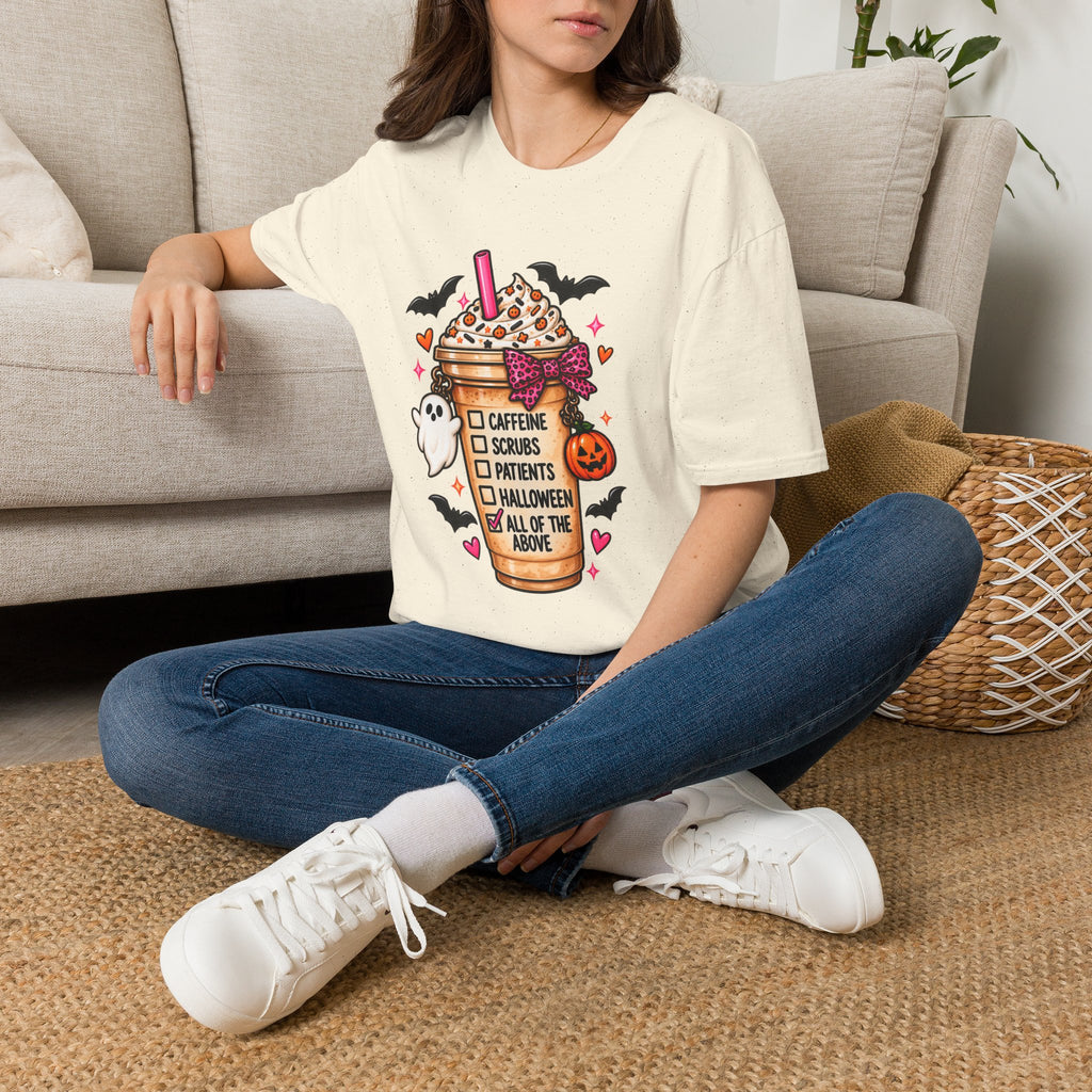 Halloween Nurse Coffee T-Shirt — "Caffeine, Scrubs, Patients" Fall Medical Tee