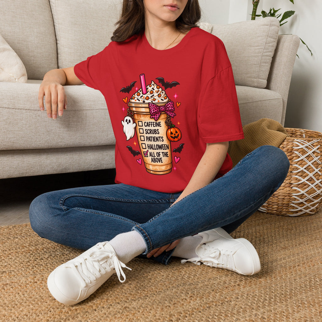 Halloween Nurse Coffee T-Shirt — "Caffeine, Scrubs, Patients" Fall Medical Tee