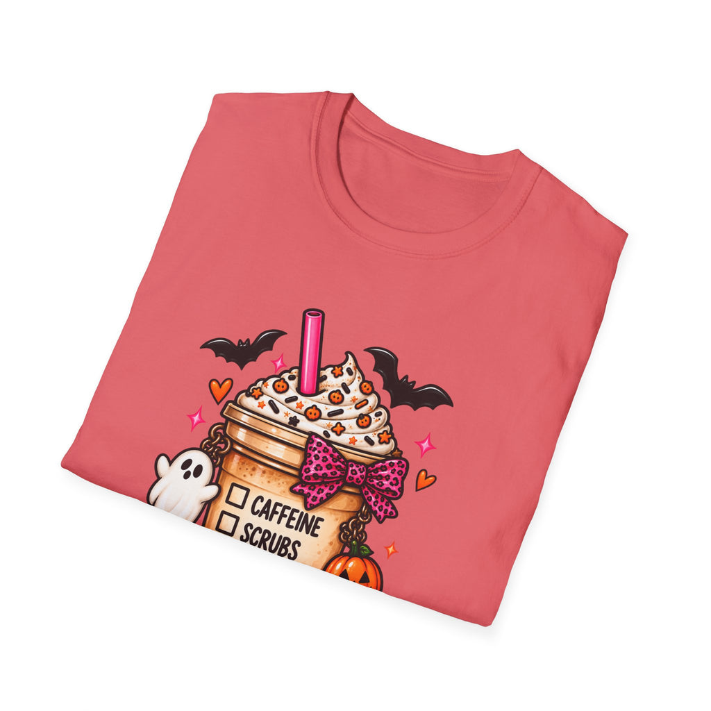 Halloween Nurse Coffee T-Shirt — "Caffeine, Scrubs, Patients" Fall Medical Tee