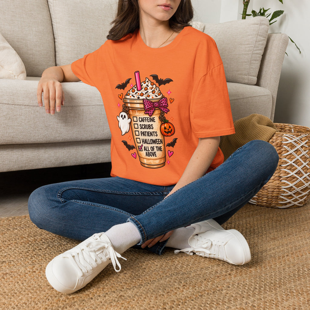Halloween Nurse Coffee T-Shirt — "Caffeine, Scrubs, Patients" Fall Medical Tee