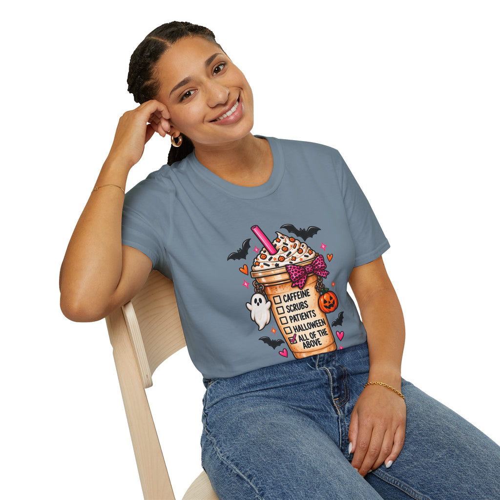 Halloween Nurse Coffee T-Shirt — "Caffeine, Scrubs, Patients" Fall Medical Tee