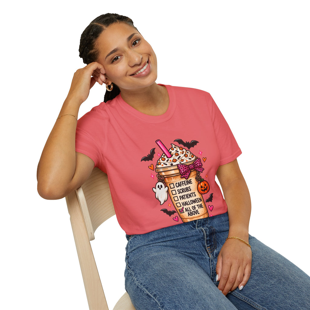 Halloween Nurse Coffee T-Shirt — "Caffeine, Scrubs, Patients" Fall Medical Tee