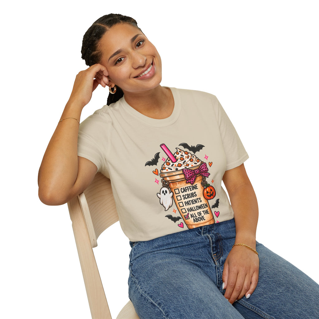 Halloween Nurse Coffee T-Shirt — "Caffeine, Scrubs, Patients" Fall Medical Tee
