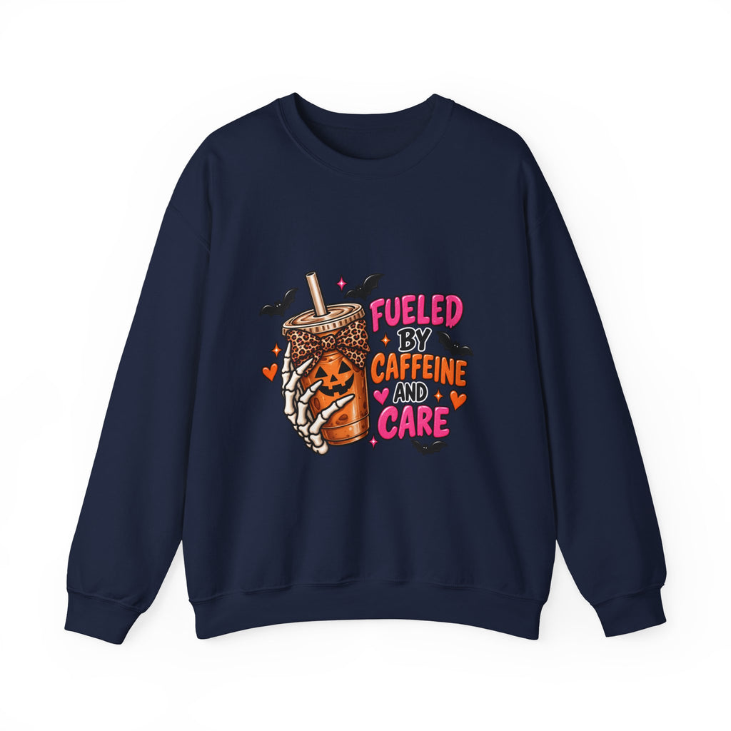 Crewneck Sweatshirt — "Fueled by Caffeine and Care" Halloween Coffee Graphic