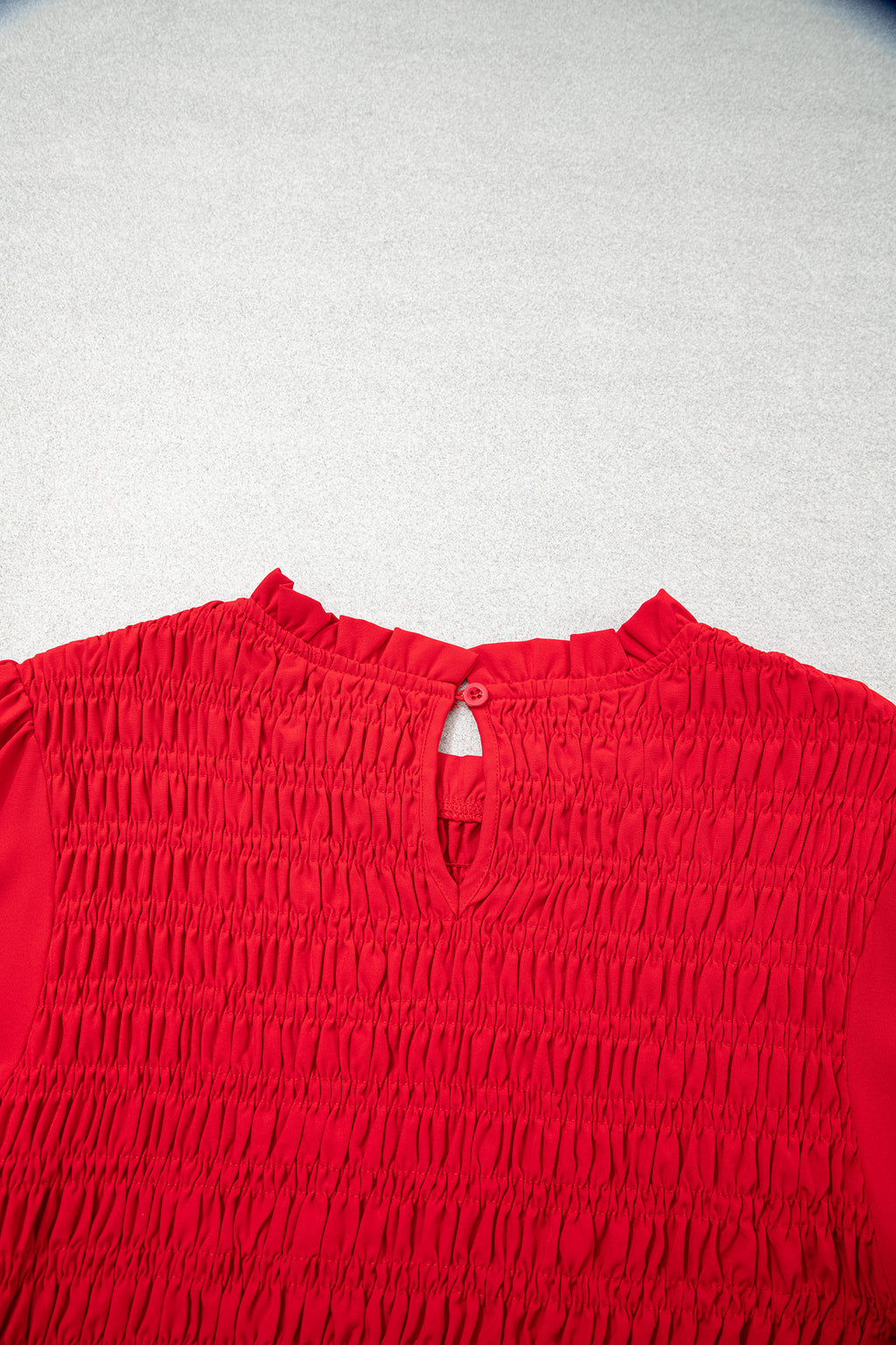 Jet Stream Solid Color Smocked Ruffle Hem Long Sleeve Blouse