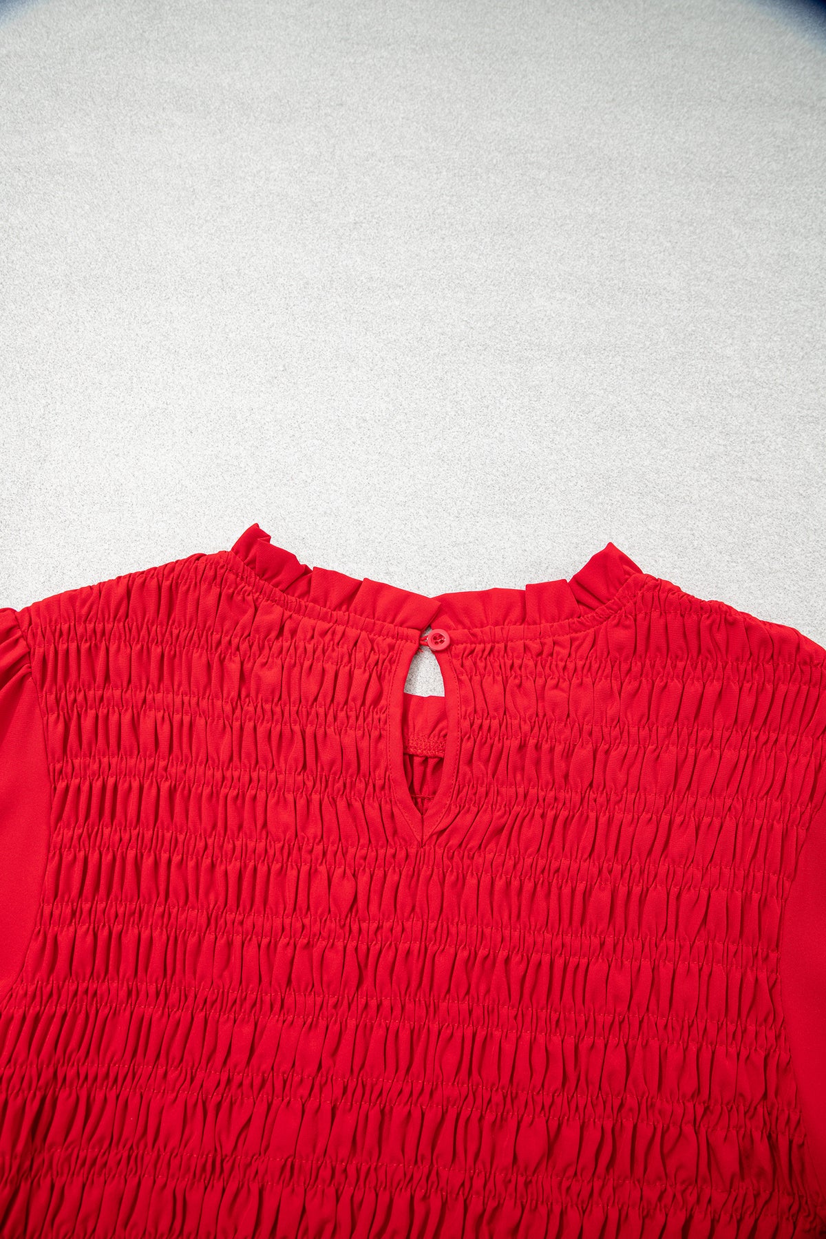 Jet Stream Solid Color Smocked Ruffle Hem Long Sleeve Blouse