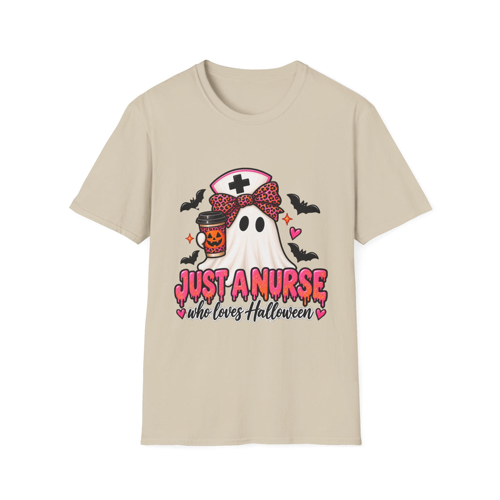 Halloween Nurse T‑Shirt – “Just a Nurse Who Loves Halloween” Ghost Design