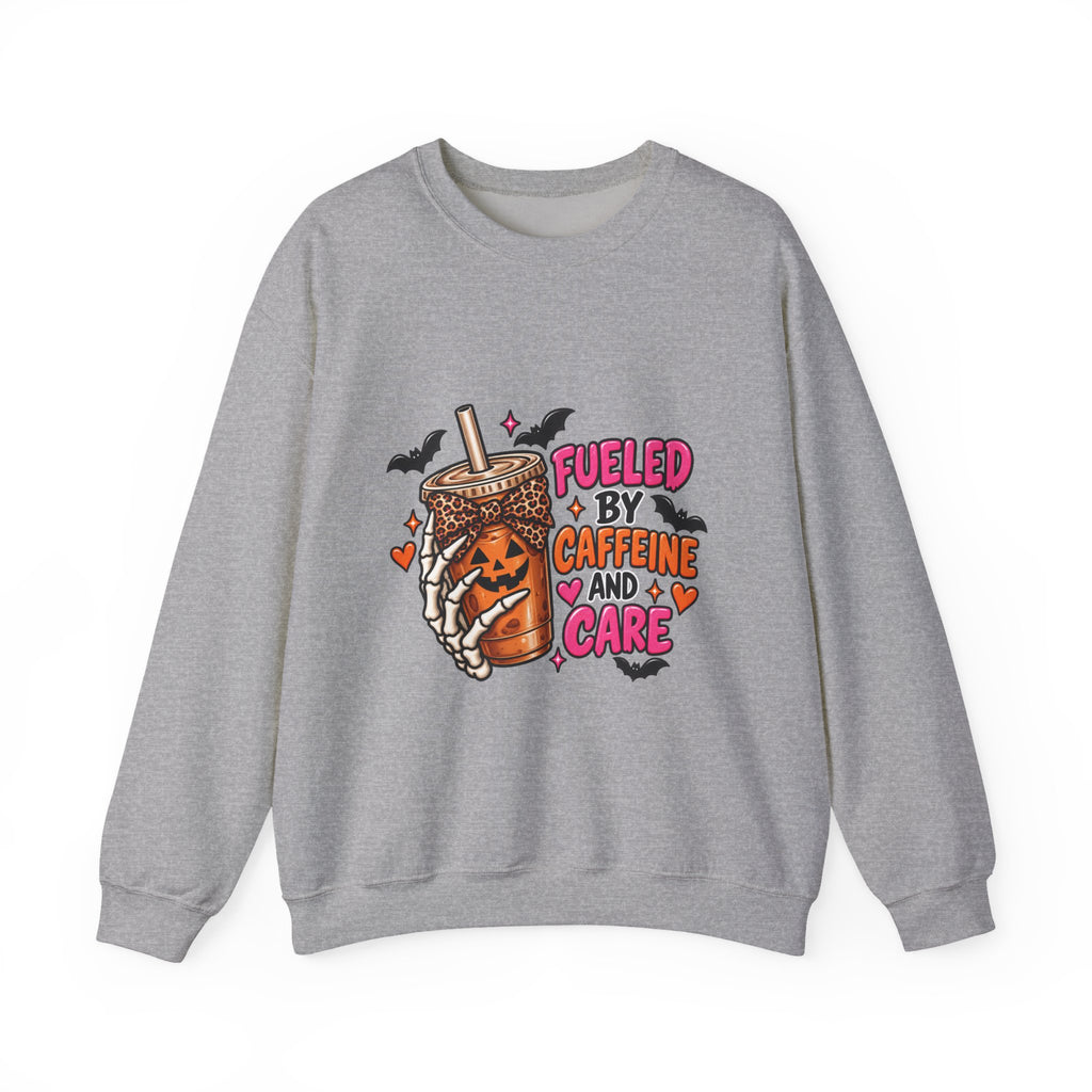 Crewneck Sweatshirt — "Fueled by Caffeine and Care" Halloween Coffee Graphic