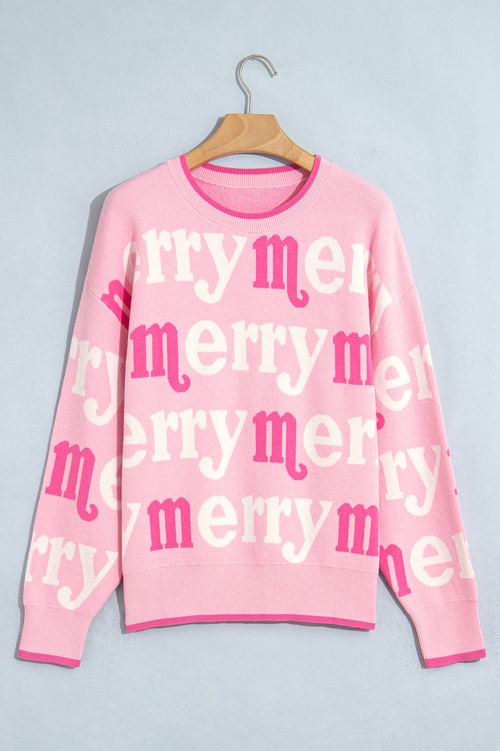 Pink All Over Merry Me Graphic Round Neck Knit Sweater