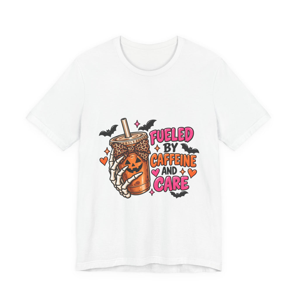 Fueled by Caffeine and Care Tee — Halloween Pumpkin Boba Coffee Shirt