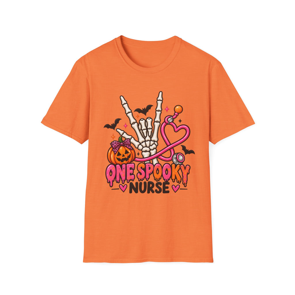 Halloween Nurse T-Shirt — "One Spooky Nurse" Skeleton, Pumpkin & Stethoscope Tee