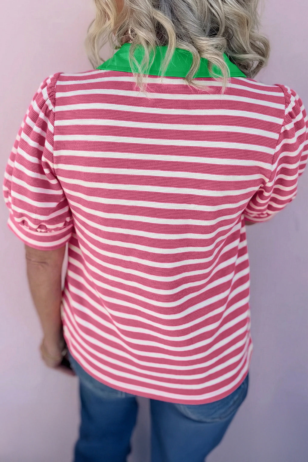 Pink Stripe Short Puff Sleeve Color Block Polo Collar Blouse