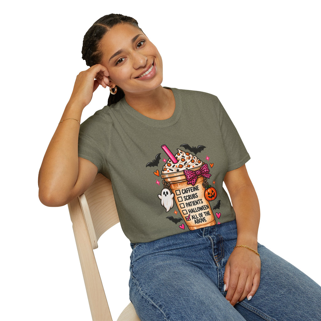 Halloween Nurse Coffee T-Shirt — "Caffeine, Scrubs, Patients" Fall Medical Tee