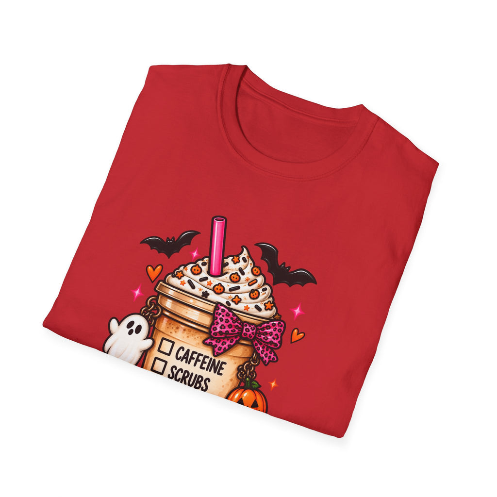 Halloween Nurse Coffee T-Shirt — "Caffeine, Scrubs, Patients" Fall Medical Tee