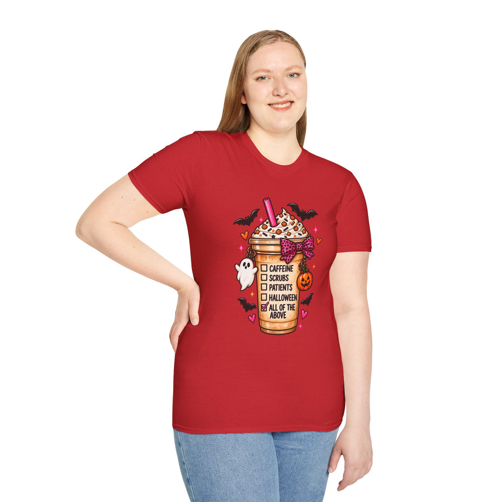 Halloween Nurse Coffee T-Shirt — "Caffeine, Scrubs, Patients" Fall Medical Tee