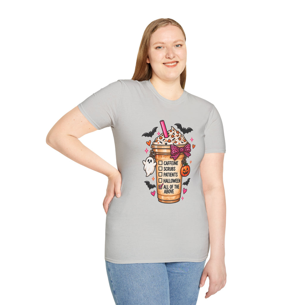 Halloween Nurse Coffee T-Shirt — "Caffeine, Scrubs, Patients" Fall Medical Tee