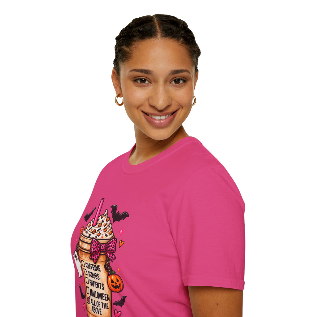 Halloween Nurse Coffee T-Shirt — "Caffeine, Scrubs, Patients" Fall Medical Tee