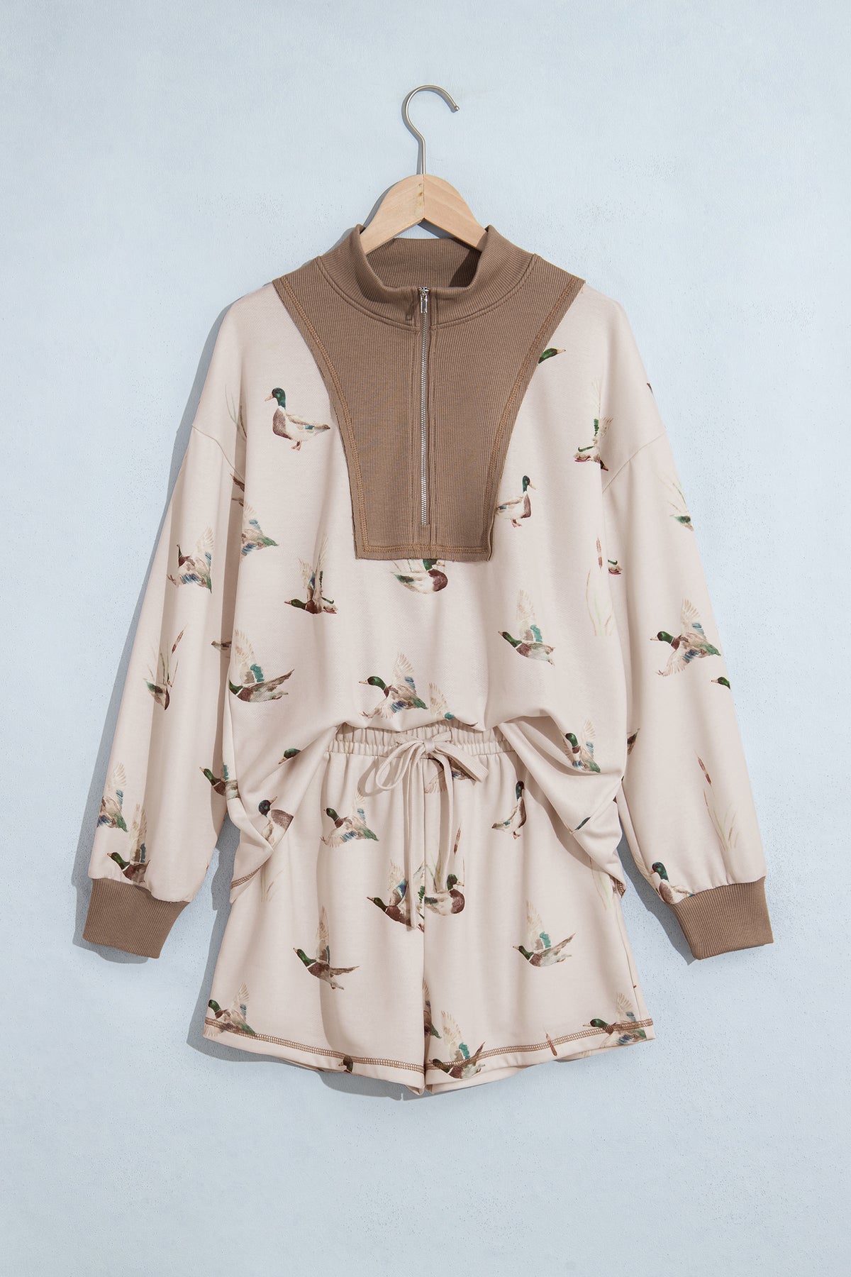 Khaki Mallard Print Color Block Patchwork Zip Pullover and Shorts Set