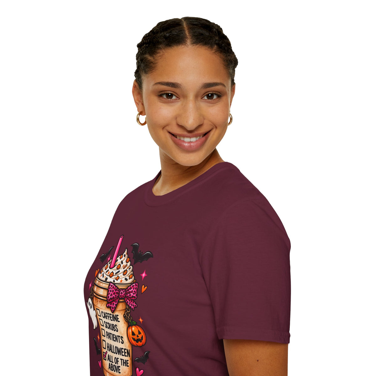 Halloween Nurse Coffee T-Shirt — "Caffeine, Scrubs, Patients" Fall Medical Tee
