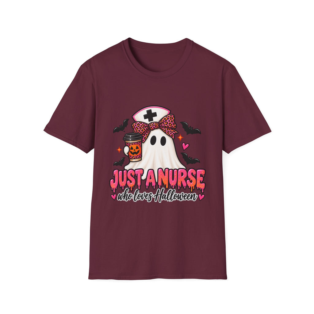 Halloween Nurse T‑Shirt – “Just a Nurse Who Loves Halloween” Ghost Design
