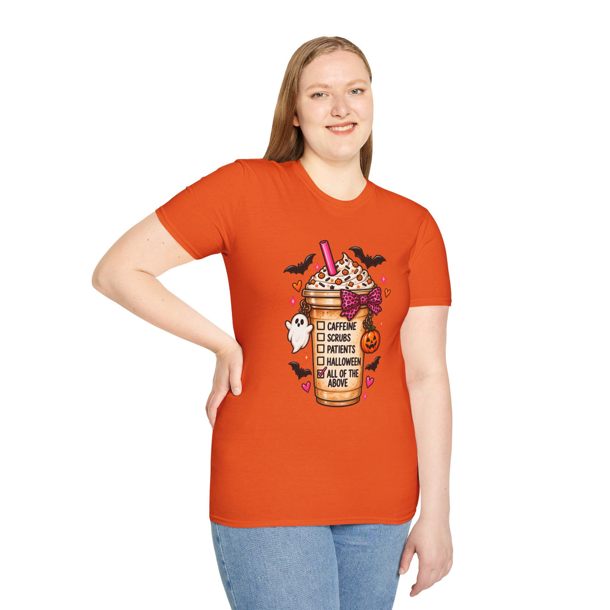 Halloween Nurse Coffee T-Shirt — "Caffeine, Scrubs, Patients" Fall Medical Tee