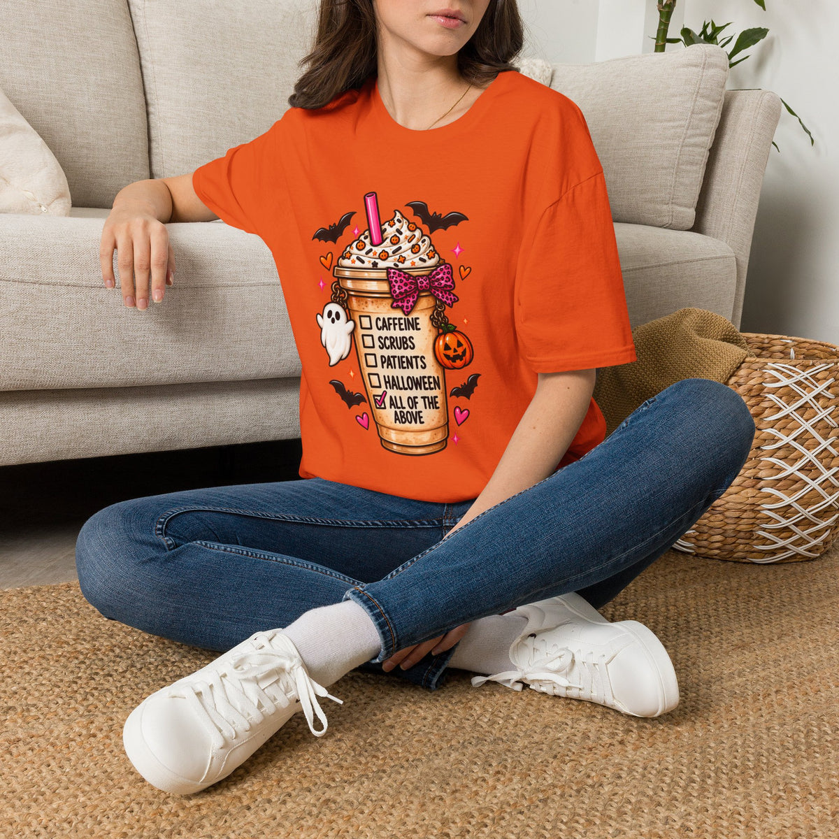 Halloween Nurse Coffee T-Shirt — "Caffeine, Scrubs, Patients" Fall Medical Tee
