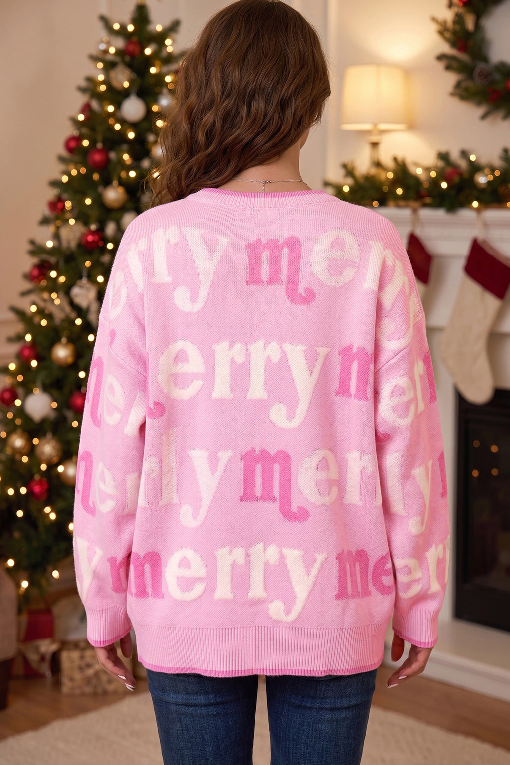 Pink All Over Merry Me Graphic Round Neck Knit Sweater