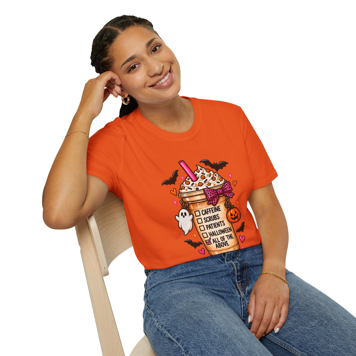 Halloween Nurse Coffee T-Shirt — "Caffeine, Scrubs, Patients" Fall Medical Tee