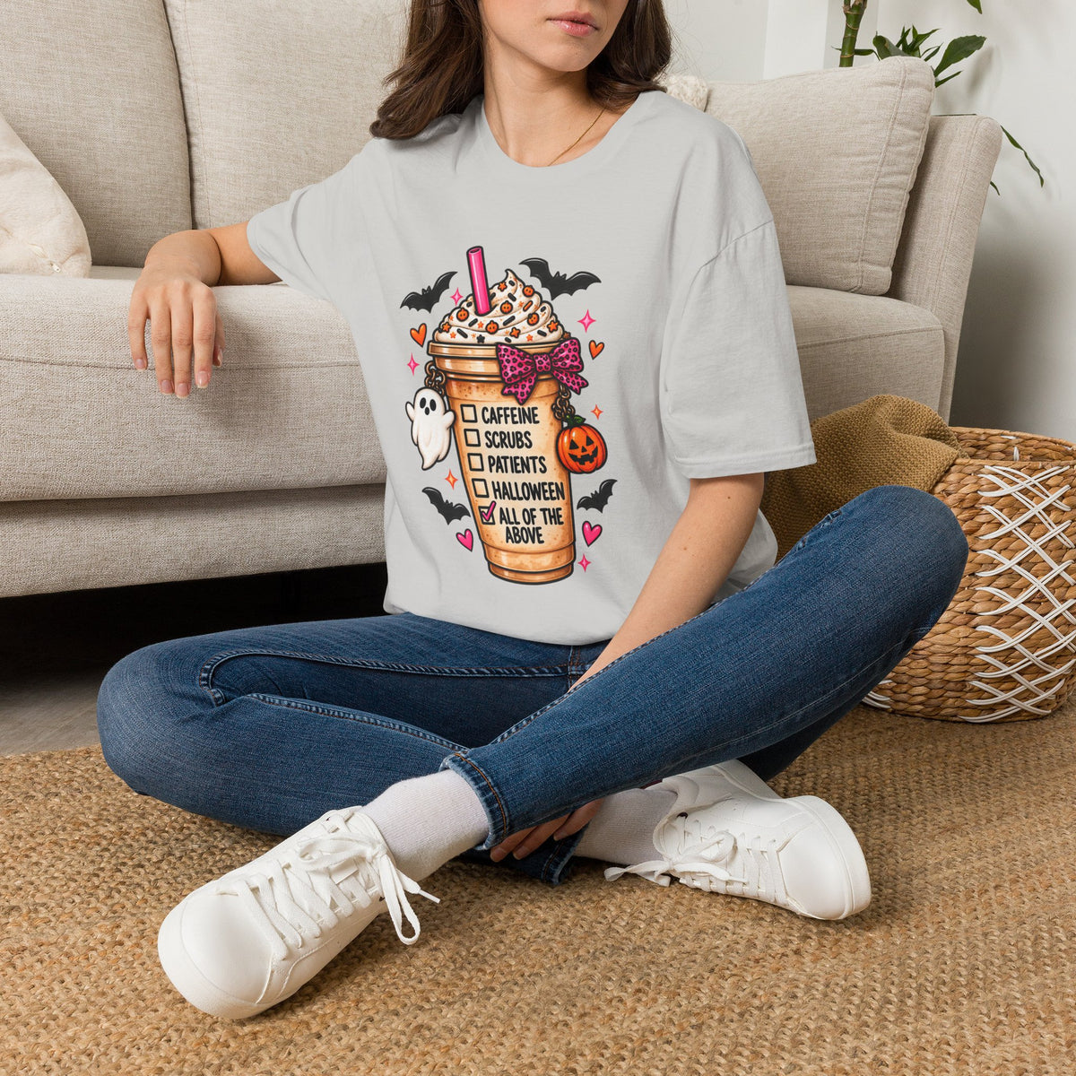 Halloween Nurse Coffee T-Shirt — "Caffeine, Scrubs, Patients" Fall Medical Tee