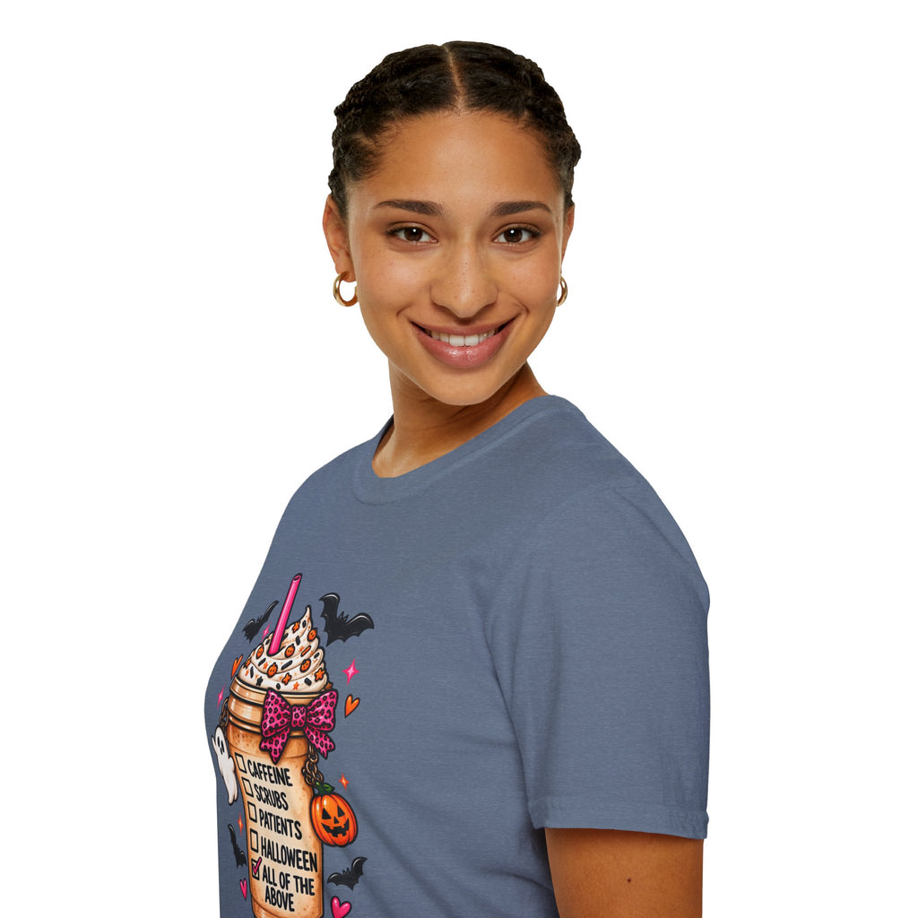 Halloween Nurse Coffee T-Shirt — "Caffeine, Scrubs, Patients" Fall Medical Tee
