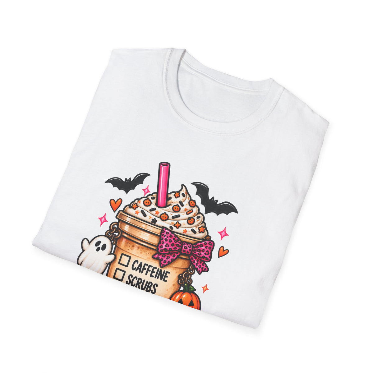 Halloween Nurse Coffee T-Shirt — "Caffeine, Scrubs, Patients" Fall Medical Tee