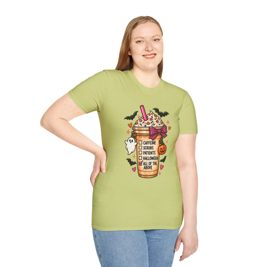 Halloween Nurse Coffee T-Shirt — "Caffeine, Scrubs, Patients" Fall Medical Tee